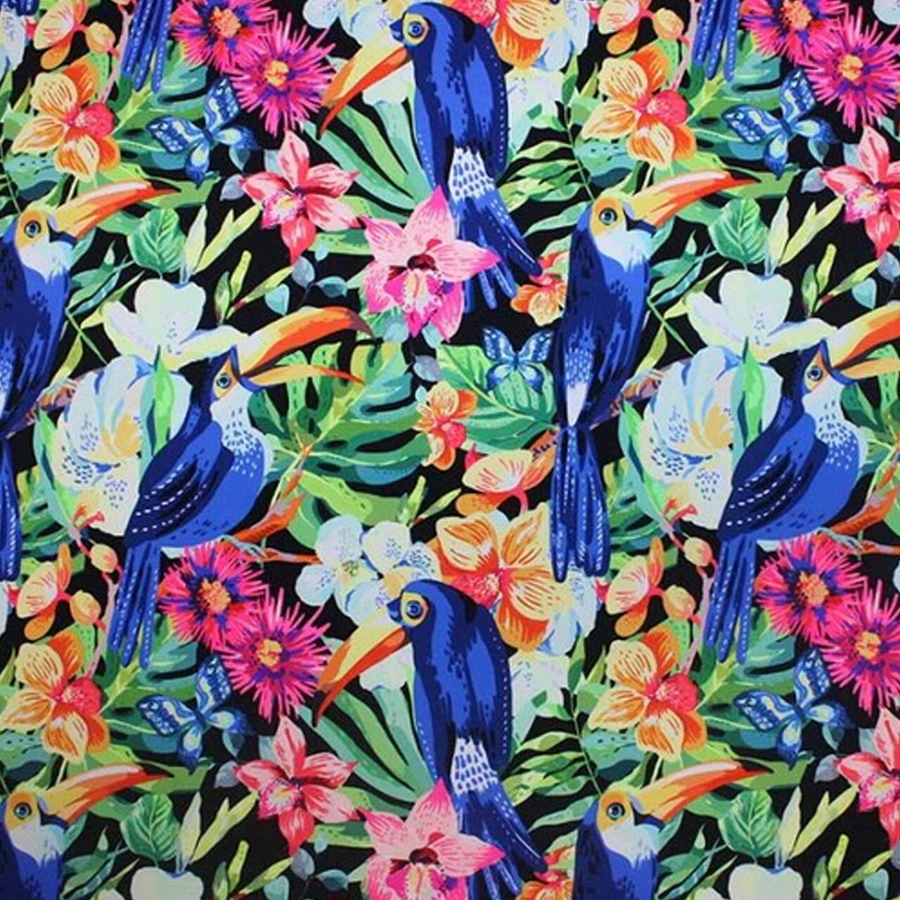 82% Nylon & 18% Spandex Toucans on Flowers Printed Spandex Fabric 55/56” Width